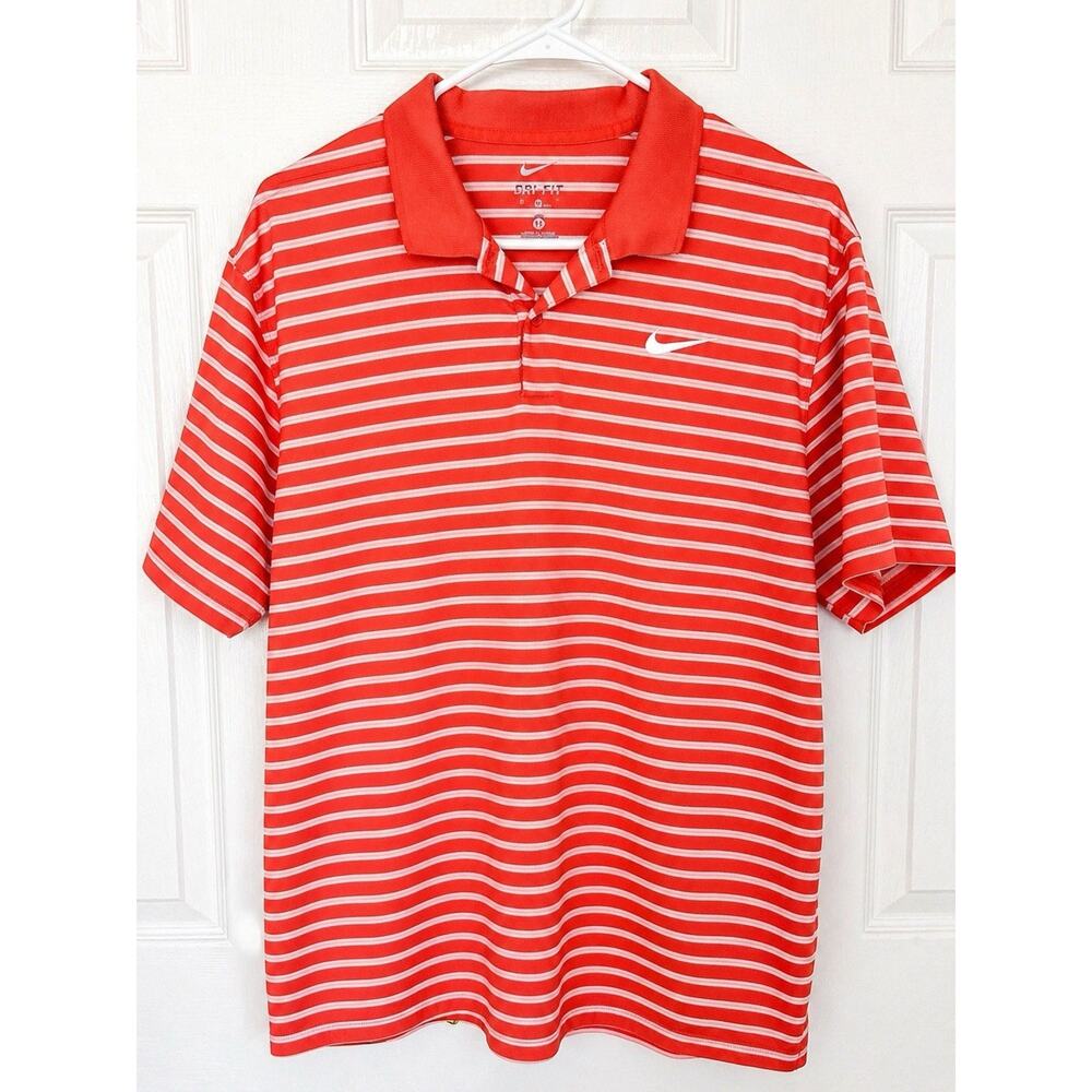 Nike Dri-FIT Polo Shirt XL Orange White Striped Golf Athletic
